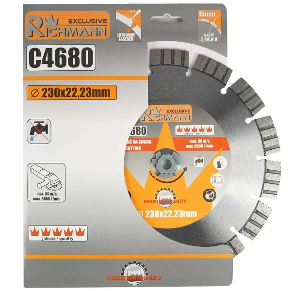 Disc diamantat segmentat, beton armat, caramida, taiere uscata, 230 mm/22.23 mm, Richmann Exclusive