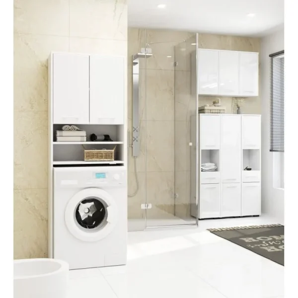Dulap baie cu loc pentru masina de spalat, placa laminata, 4 rafturi, 2 usi, alb lucios, 64x30x180 cm