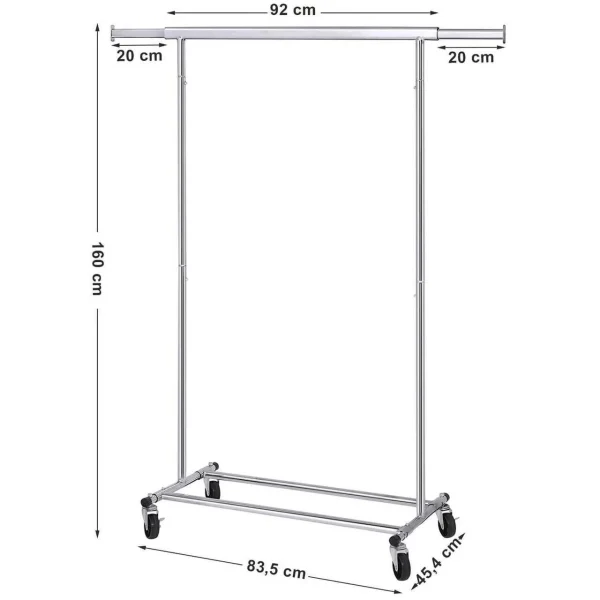 Suport mobil cu roti pentru haine, Songmics, reglabil, metal, argintiu, max 90 kg, 92x45.4x160 cm