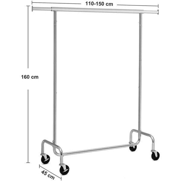 Suport mobil cu roti pentru haine, Songmics, reglabil, metal, argintiu, max 130 kg, 110x55x160 cm