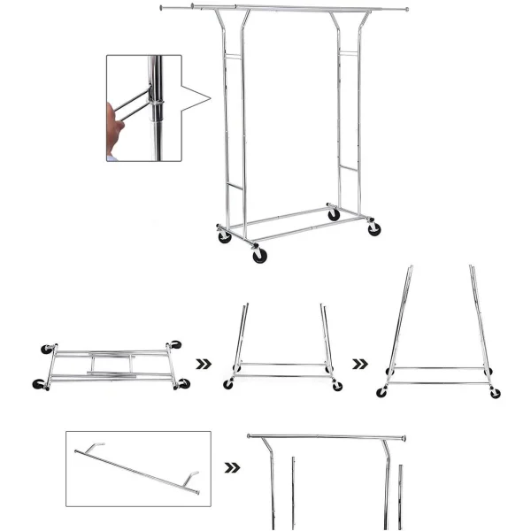 Suport mobil cu roti pentru haine, Songmics, reglabil, metal, argintiu, max 110 kg, 129x55x148 cm
