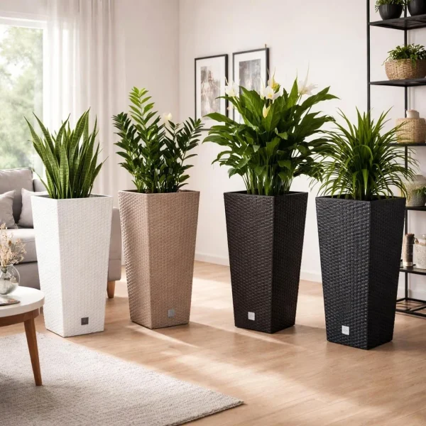 Ghiveci decorativ de flori, patrat, 32.5x32.5x61 cm, imitatie ratan, antracit, Prosperplast