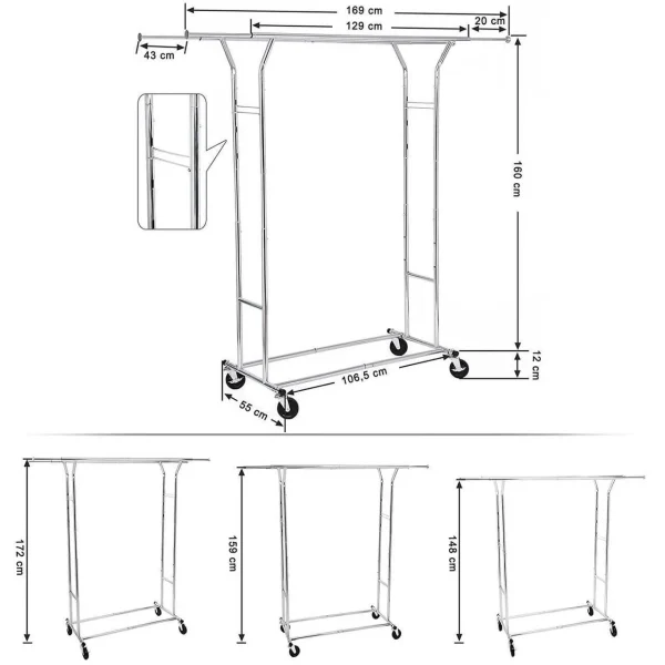 Suport mobil cu roti pentru haine, Songmics, reglabil, metal, argintiu, max 110 kg, 129x55x148 cm