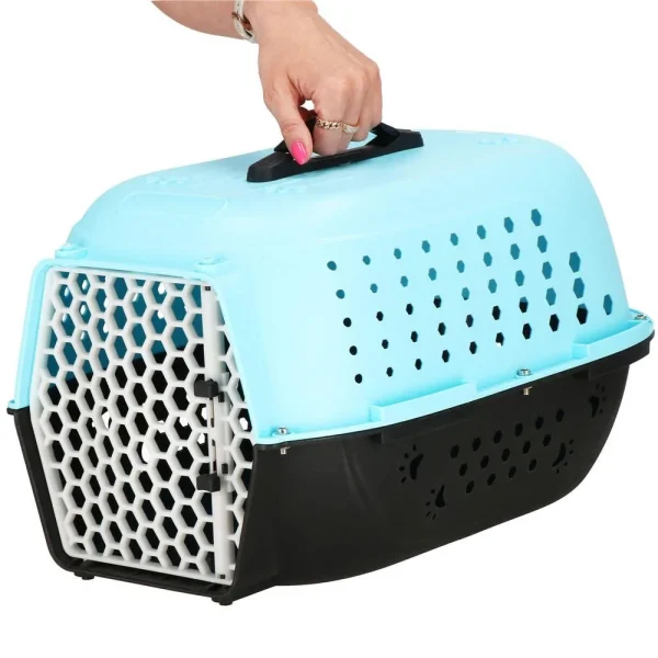 Geanta pentru transport caine/pisica, Springos, albastru si negru, plastic, max 7 kg, 48x33x28 cm