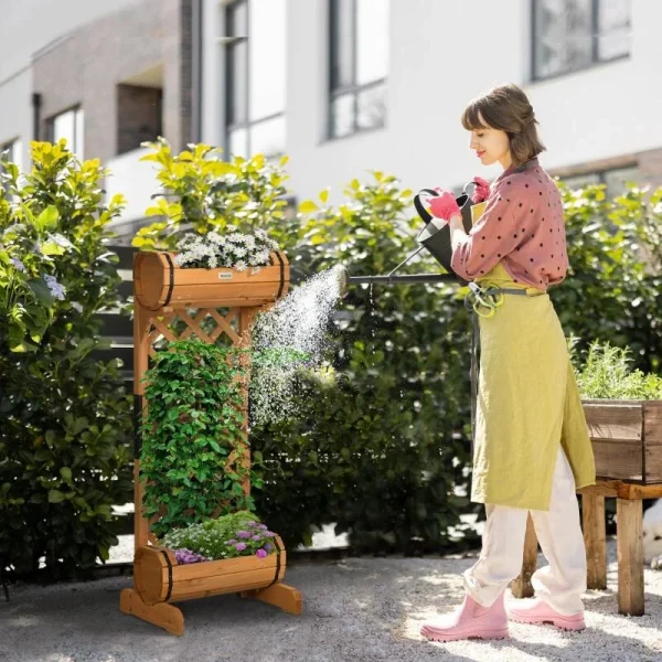 Jardiniera decorativa cu suport pentru plante cataratoare, lemn, 2 nivele, tip butoi, 45x35x112 cm
