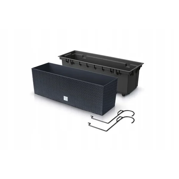 Jardiniera decorativa, suport metalic, imitatie ratan, antracit, 39.5x18.5x19.5 cm, Rato Case W