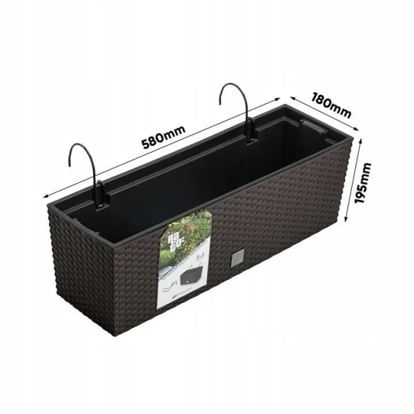 Jardiniera decorativa, suport metalic, imitatie ratan, maro, 58x18x19.5 cm, Rato Case W Old