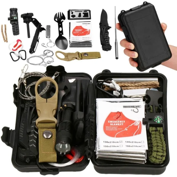 Kit turistic, supravietuire, multifunctional, cu trusa, set 21 piese, 20x11x5 cm, Springos