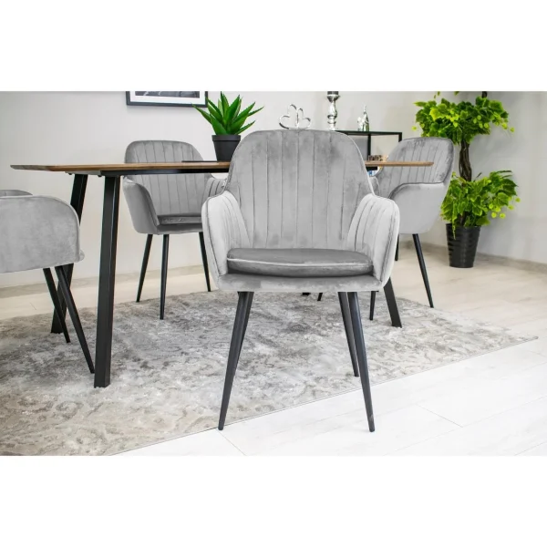 Scaun stil fotoliu bucatarie/living, Artool, Lugo, catifea argintie, picioare metal negru, 57.5x56.5x86.5 cm