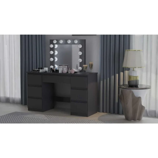 Masa de toaleta/machiaj, negru, cu oglinda si LED-uri, Vanessa130x43x143 cm