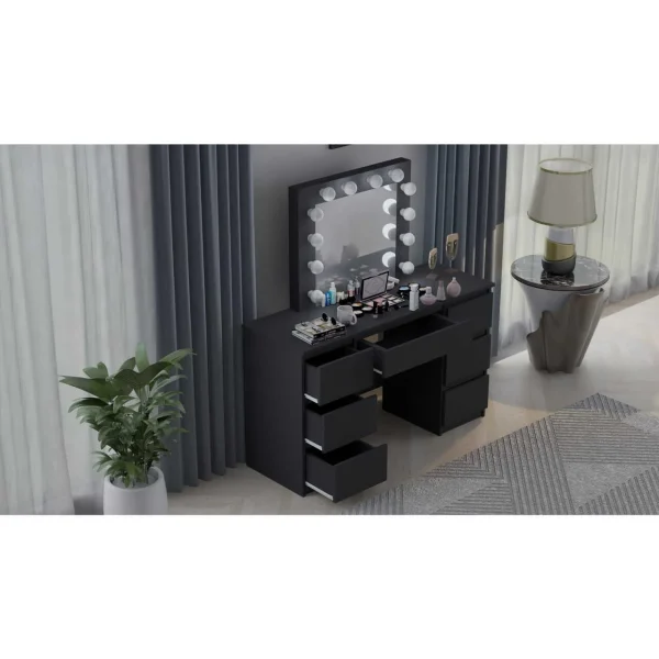 Masa de toaleta/machiaj, negru, cu oglinda si LED-uri, Vanessa130x43x143 cm