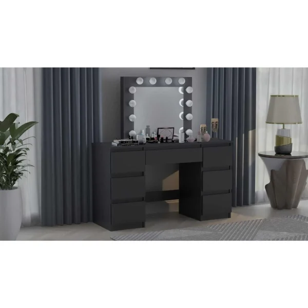 Masa de toaleta/machiaj, negru, cu oglinda si LED-uri, Vanessa130x43x143 cm