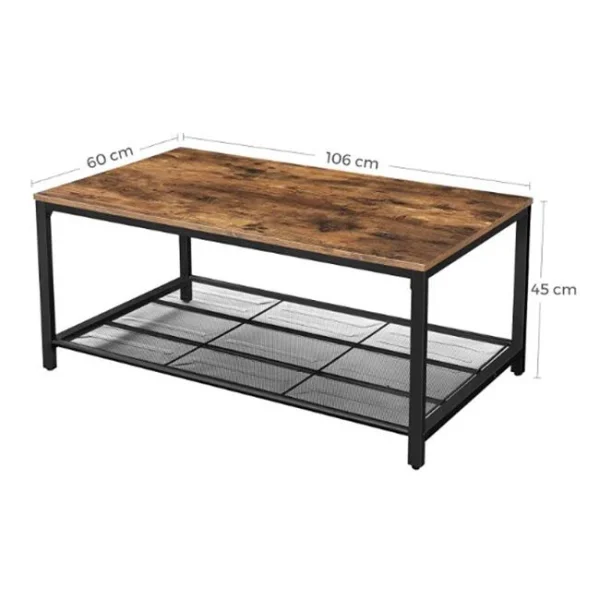 Masa de cafea, Vasagle, cu raft depozitare, dreptunghiulara, pal si metal, maro rustic, 106x60x45 cm