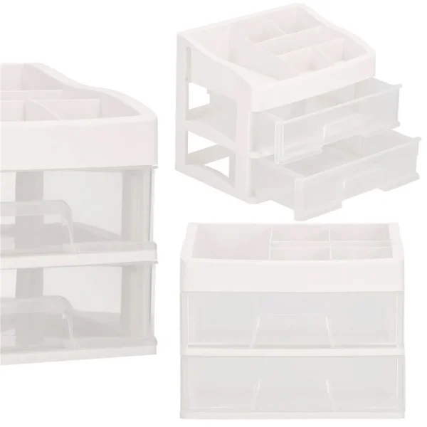 Organizator cosmetice, plastic, 3 niveluri, 2 sertare, alb, 30x25x34 cm, Springos