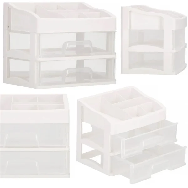 Organizator cosmetice, plastic, 3 niveluri, 2 sertare, alb, 30x25x34 cm, Springos