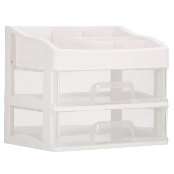 Organizator cosmetice, plastic, 3 niveluri, 2 sertare, alb, 30x25x34 cm, Springos