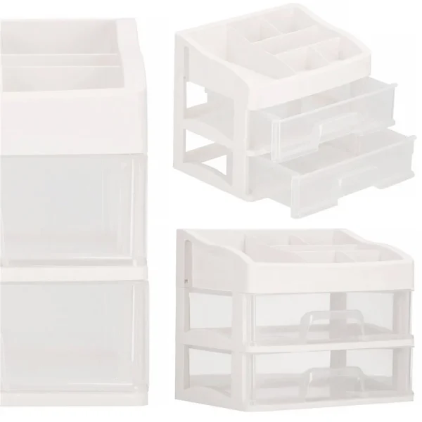 Organizator cosmetice, plastic, 3 niveluri, 2 sertare, alb, 30x25x34 cm, Springos