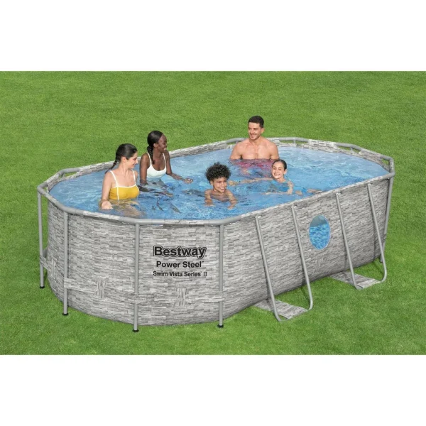 Piscina structura metalica, ovala, cu filtru, pompa, scara, dozator, prelata acoperire, gri, 427x250x100 cm, Bestway Power Steel