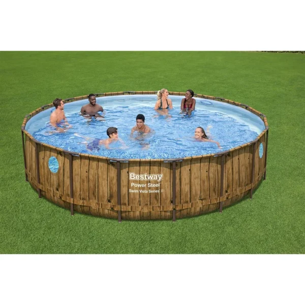Piscina structura metalica, rotunda, cu filtru, pompa, scara, dozator, prelata acoperire, model lemn, maro, 549x122 cm, Bestway Power Steel