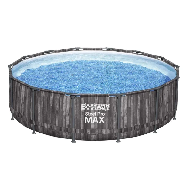 Piscina structura metalica, rotunda, cu filtru, pompa, scara, prelata acoperire, model lemn, gri, 427x107 cm, Bestway Steel Pro