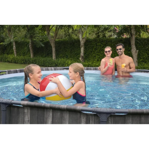Piscina structura metalica, rotunda, cu filtru, pompa, scara, prelata acoperire, model lemn, gri, 427x107 cm, Bestway Steel Pro