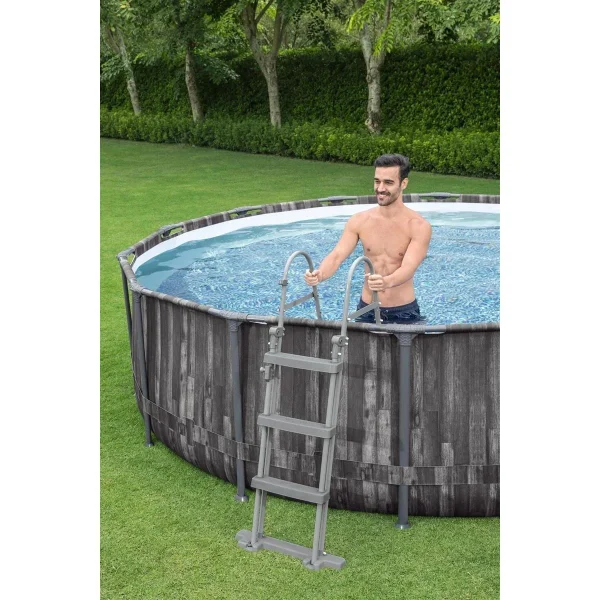 Piscina structura metalica, rotunda, cu filtru, pompa, scara, prelata acoperire, model lemn, gri, 427x107 cm, Bestway Steel Pro