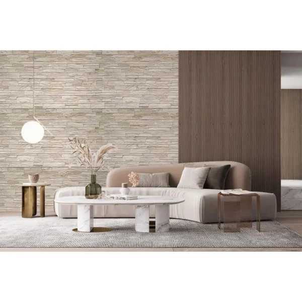 Panou decorativ, PVC, model piatra 3D, nuante crem, 96x48.5 cm