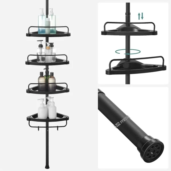 Raft pentru baie/dus, de colt, Artool, reglabil, otel si PP, 4 rafturi, negru, 85-305 cm