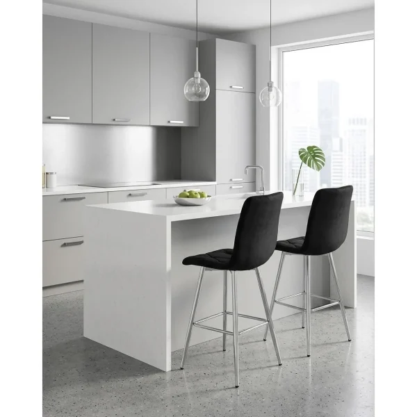 Scaun de bucatarie/bar, Artool, Libra, catifea neagra, picioare metal argintiu, 52x56x112 cm