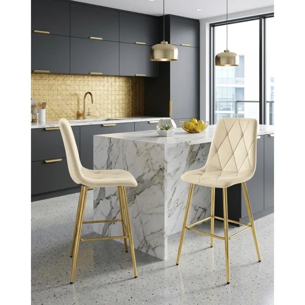 Scaun de bucatarie/bar, Artool, Libra, catifea bej deschis, picioare metal auriu, 52x56x112 cm
