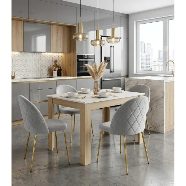 Set 4 scaune bucatarie/living, Artool, Cieza, catifea gri deschis, picioare metal auriu, 49x60x87 cm