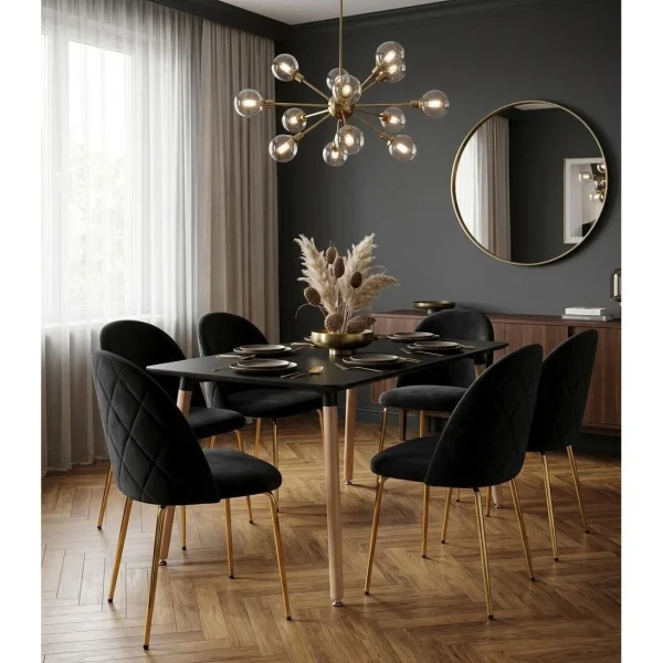 Set 4 scaune bucatarie/living, Artool, Inca, catifea neagra, picioare metal auriu, 49x55x78 cm