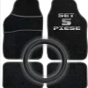 Set Auto Essential AVEX – 5 piese, Covorase Universale Mocheta + Husa Volan Piele Ecologica Perforata, Negru