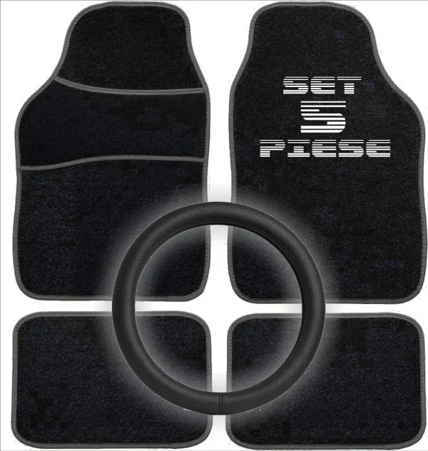Set Auto Essential AVEX – 5 piese, Covorase Universale Mocheta + Husa Volan Piele Ecologica Perforata, Negru