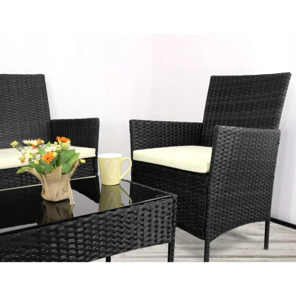 Set mobilier gradina/terasa, poliratan, negru cu perne crem, 1 masa, 2 fotolii, 1 canapea, Medi