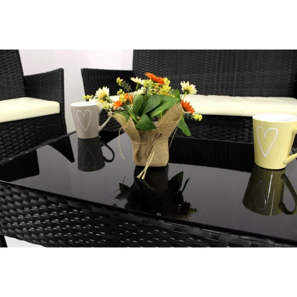 Set mobilier gradina/terasa, poliratan, negru cu perne crem, 1 masa, 2 fotolii, 1 canapea, Medi