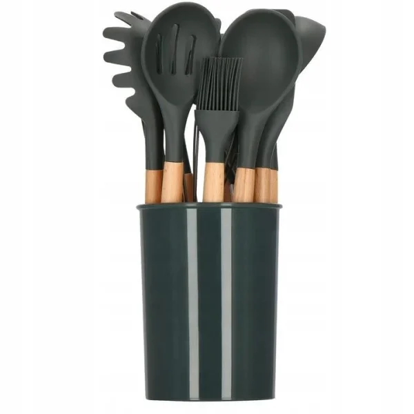 Set ustensile bucatarie, silicon si bambus, grafit, 12 piese, Springos