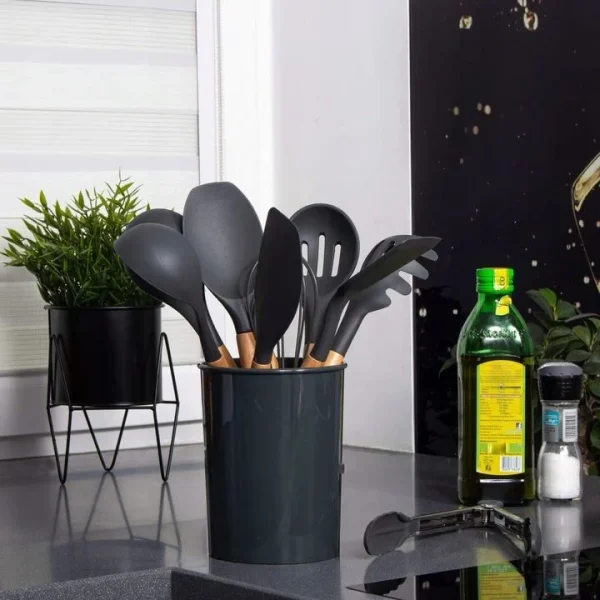 Set ustensile bucatarie, silicon si bambus, grafit, 12 piese, Springos