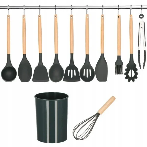 Set ustensile bucatarie, silicon si bambus, grafit, 12 piese, Springos