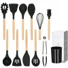 Set ustensile bucatarie, silicon si bambus, negru, 12 piese, Springos