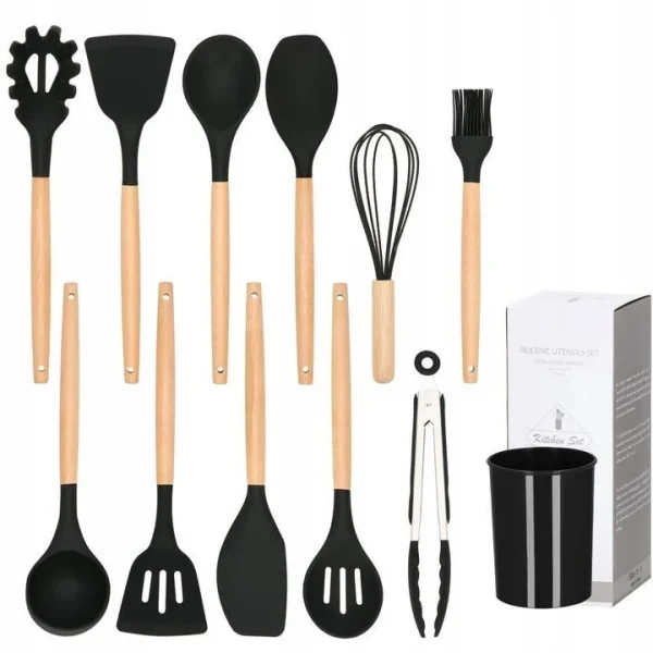 Set ustensile bucatarie, silicon si bambus, negru, 12 piese, Springos