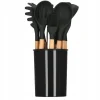 Set ustensile bucatarie, silicon si bambus, negru, 12 piese, Springos