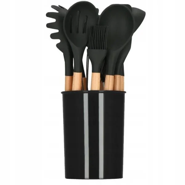 Set ustensile bucatarie, silicon si bambus, negru, 12 piese, Springos