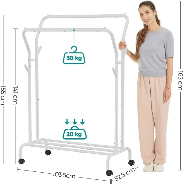 Suport mobil cu roti pentru haine, Artool, cu raft incaltaminte, otel, alb, max 100 kg, 103.5x52.5x155 cm