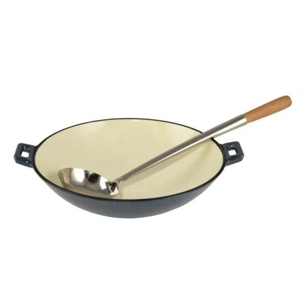 Vas de fonta tip Wok, emailat, albastru, 35.5x11 cm, Perfect Home 