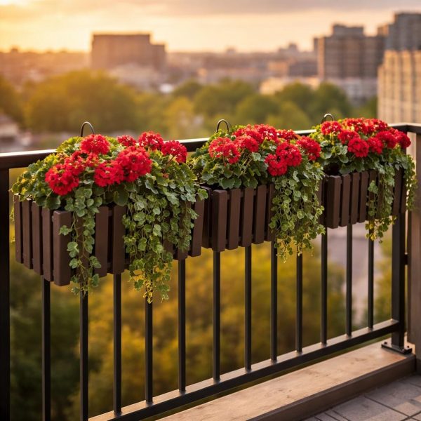 Set 3 jardiniere decorative cu suport metalic, sistem irigare,​​​​​​​ maro, 58x18x16.2 cm, Boardee Fencycase W