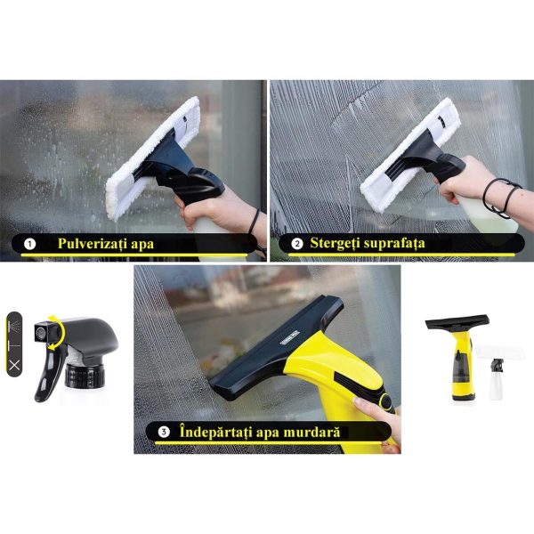 Aspirator de geamuri si oglinzi, electric, stergator fara fir cu acumulator 200 mAh, 280 ml, laveta microfibra