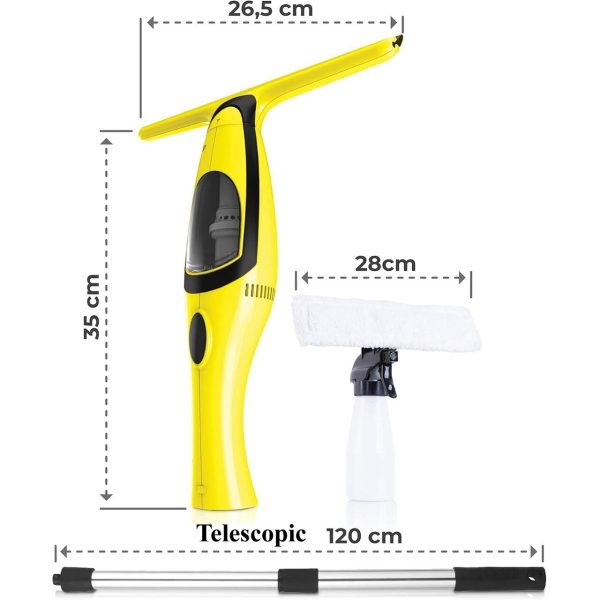 Aspirator de geamuri si oglinzi, electric, maner telescopic 120 cm, stergator/curatator fara fir cu acumulator 200 mAh, 280 ml, laveta microfibra