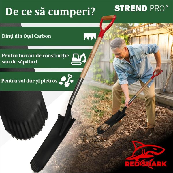Harlet, cazma, ingust, cu varf zimtat, coada lemn, 12.5x40x128 cm, Strend Pro Premium RedShark