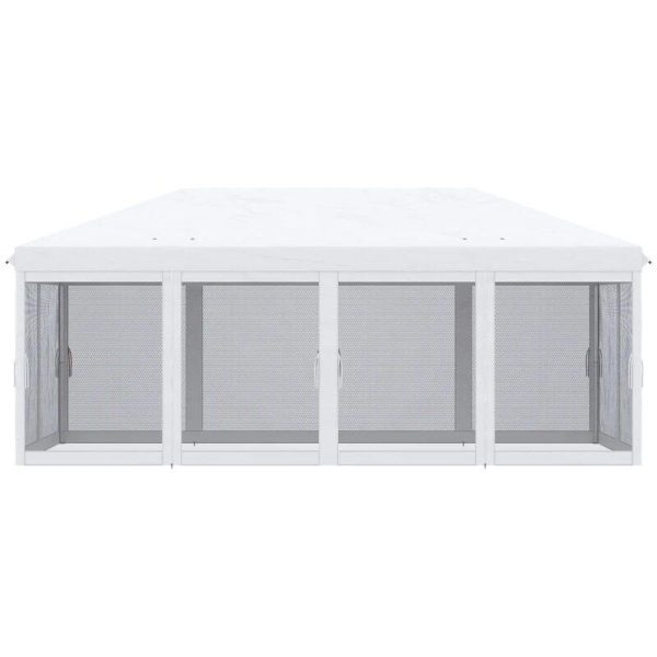 Pavilion/foisor pentru gradina/terasa, cadru metalic, cu plasa pentru insecte, alb si negru, 5.85×2.95×2.70 m